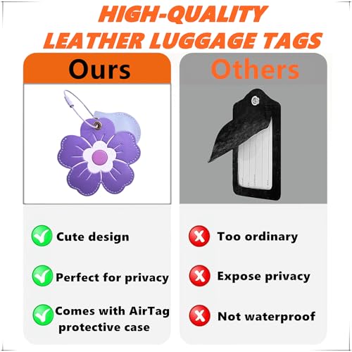 PU Leather Luggage Tag with Airtag Holder Case Set and Name ID Label - color: Deep Purple Flower