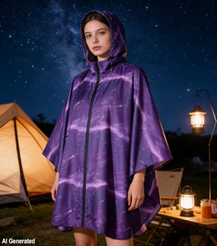 Unisex Hooded Rain Poncho, Waterproof Raincoat Jacket with pocket for Adult, Rain Coat for Outdoor Activities - color: Purple Cloud