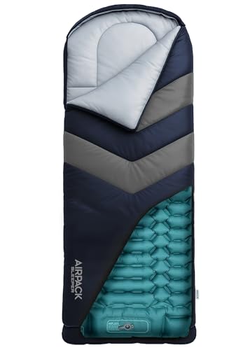 Sleeping Bag with Built-in Pad (AirPack Sleeper) - All-in-One Inflatable Sleeping Pad and Pillow for Camping with Built-in Foot Pump (Blue/Gray) 210x80cm - color: Blue