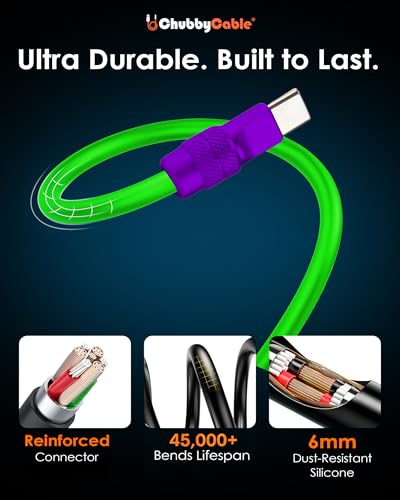 chubbycable 240W Short USB C to C Charging Cable, Blue+Green, 0.82FT | Premium Zinc Alloy Connectors, 6mm Silicone Extra Thick, 45,000+ Bend Tested, E-Marker Chip, Stable 480Mbps Data Transfer - color: Blue+Green, size: 0.82 ft, style: Type C-Type C