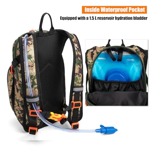 Kids Hydration Backpack, Water Hiking Backpack for Boys or Girls with 1.5L Reservoir Bladder - color: Armygreen Print