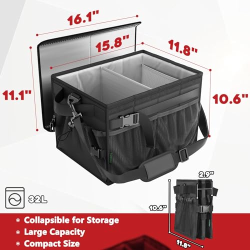 FANGSUN Grill Caddy with Lid, Foldable BBQ Caddy with Paper Towel Holder | 11 Compartments, Easy-Clean Aluminum Interior, 1680D Oxford Fabric, Water-Resistant, Shoulder Strap Included, Tailgating - style: Black-with lid
