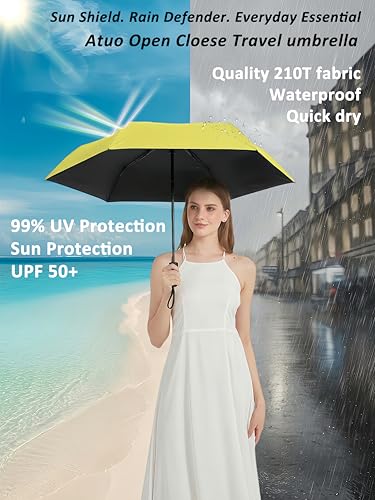 BAODINI Compact Travel Umbrella Small Windproof Auto Open Close for UV Sun Protection UPF 50+ and Rain Fits Backpack Purse & Suitcase - color: Yellow