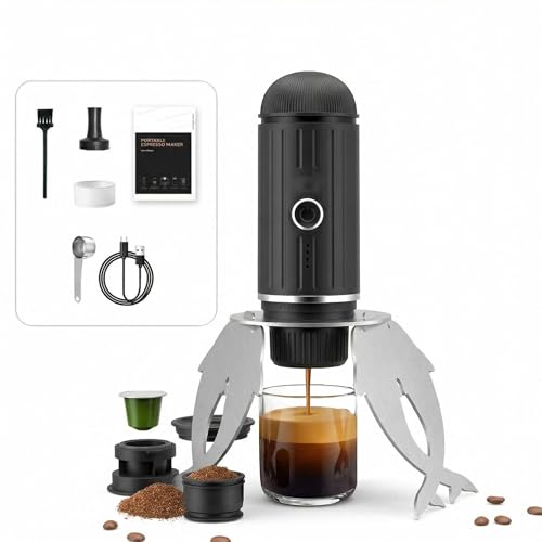 Portable Electric Espresso Machine Self-heating Rechargeable Travel Coffee Maker for Camping Hiking Office Car 19 Bar Compatible with NS Capsules & Ground Coffee with stand (Black+Stand)