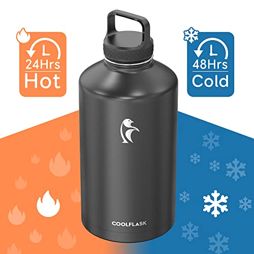 Coolflask 128 oz Gallon Water Bottle Insulated with Straw & 3 Leakproof Lid | Large Water Jug Stainless Steel Triple-Wall, Cold 48+h/Hot 24+h, Dishwasher Safe, BPA-Free, for Outdoor Gym & Hiking - color: Magic Black, size: 128 Ounces