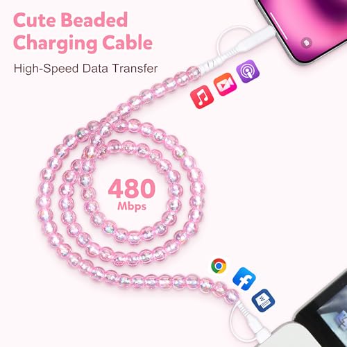 Coolden USB C Cable Multi Charging Cable Pink Beaded Phone Charger Cord | USB to USB C Cable for iPhone Charger Cord 60W Type C Charger Fast Charging for iPhone 17 16 15 14 Pro Max,for Galaxy S26 S25