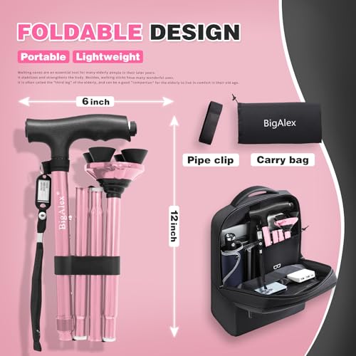 BigAlex Folding Walking Cane with LED Light,Pivoting Quad Base,Adjustable Walking Stick with Carrying Bag for Men/Women - color: Pink(4'9"-5'6")