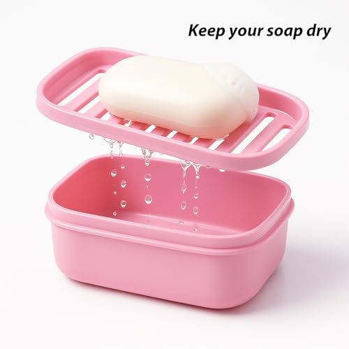 3 Pack Travel Soap Case with Lid, Leakproof Travel Soap Container, Portable Soap Holder with Removable Drain Tray for Home, Bathroom, Hiking, Camping, Outdoor (Blue, Pink, Green-n)