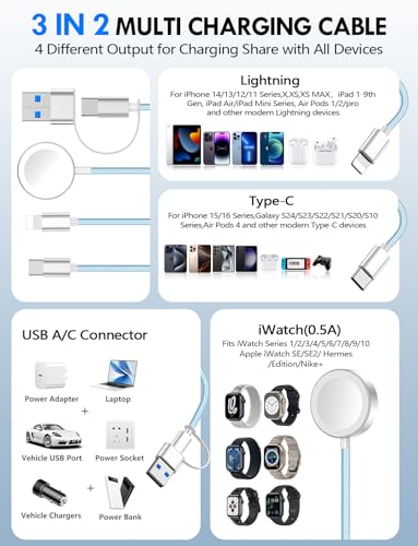 1Pack Travel Essentials for Apple Watch Charger,3-in-2 Multi Charging Cable | Cruise Vacation Camping Essentials for iPhone Charger,Type C/Lightning for iWatch,iPhone 17-12,Xbox Series X&S-4FT Blue - color: Blue, size: 1Pack-4FT