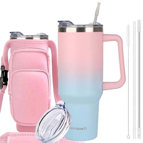 40oz Travel Tumbler with Handle and Straw, Water Bottle with Carrier Bag - color: Pink/blue