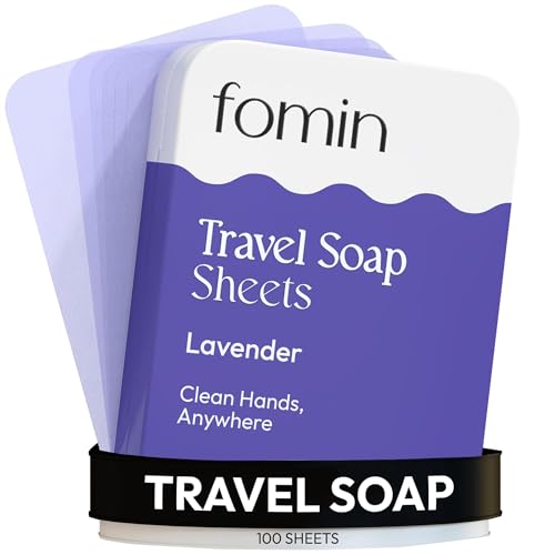FOMIN - Paper Soap Sheets for Traveling - 100 Lavender Portable Camping Soap Sheets for Travel in Tin - Dissolvable Mini Portable Travel Soap Sheet for Hand Washing - color: Lavender