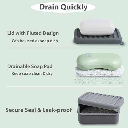 MtBoi 2PC Portable Leakproof Travel Soap Case, Silicone Soap Holder, Compact Rectangular Soap Dish with Drainage Layer, Coral-Red&Deep-Gray, 2 Count, Shower - color: Coral-red&deep-gray