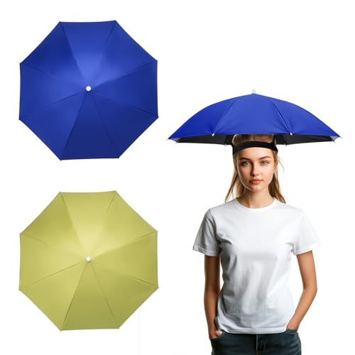 Umbrella Hat, Fishing Hat Hands Free Waterproof Adjustable Sun | Rain Cap Elastic Band Fit Camping - color: Green/Sapphire Blue