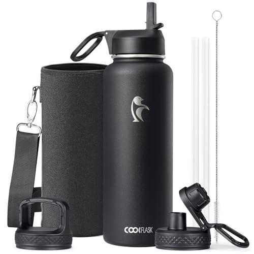 Coolflask 40 oz Water Bottle Insulated with Straw & 3 Leakproof Lids - color: Magic Black, size: 40 Ounces