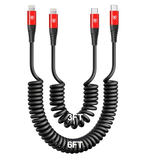 USB Type C to Lightning Cable [3FT/6FT], 2Pack Coiled iPhone Charger Cable | Fast Charging for Car [Apple MFi Certified] Short USBC iPhone Cord Compatible with iPhone14/13/12/11/8/Plus/iPad/CarPlay-Red - color: Red, size: 3FT+6FT, style: Usb C to Lightnin
