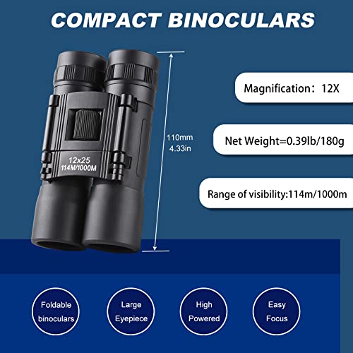 12x25 Mini Binoculars, Portable Compact Binoculars for Adults Kids | Compact Binoculars, Suitable for Bird Watching, Hunting, Travel, Sporting Events and Theater - size: 12X25