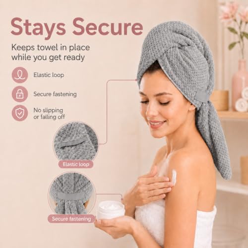 Large Microfiber Hair Wrap Towel for Women, Quick-Dry & Absorbent (Grey) | Absorbs water fast and reduces frizz, fits long and curly hair, soft, lightweight, secure elastic loop keeps wrap in place - color: Grey-1