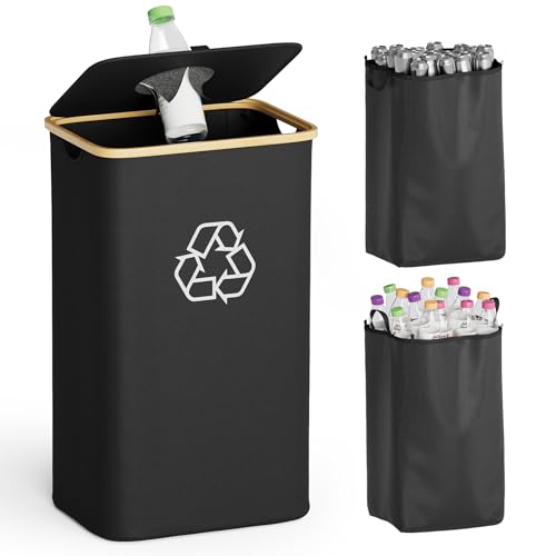 SpaceAid Recycling Bin for Kitchen 26 Gallon, 100L Recycle Bin with Lid and 2 Reusable Inner Bags, for Bottle Can Glass Plastic Stickers, Black - color: Black