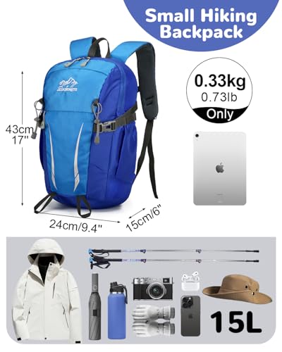 15L Small Padded Hiking Backpack with Chest Strap for Men Women, Lightweight Waterproof Daypack for Travel, Blue - color: Blue