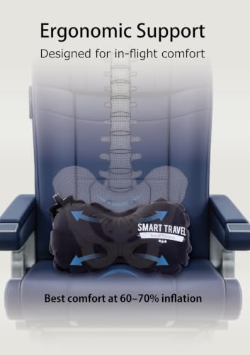 SmartTravel Inflatable Lumbar Support Travel Pillow for Airplane Seat | Adjustable back support cushion for long flights, office & car; eases lower back discomfort; self-inflates, packs small