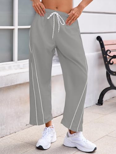 Fisoew Womens Baggy Wide Leg Casual Elastic Waist Cropped Pants - color: Light Grey, size: X-Large