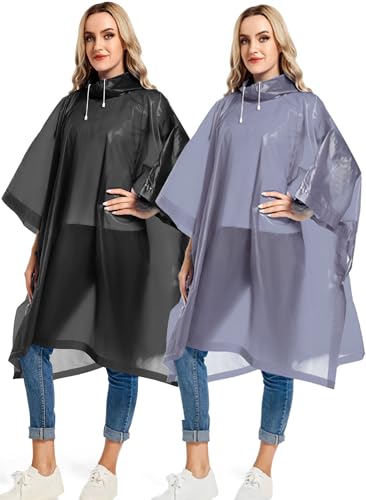 Reusable Rain Ponchos with Drawstring Hood for Adults, Waterproof Thicken Rain Coat, 2 Packs - color: Black & Grey
