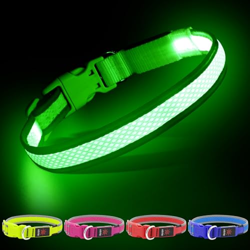 YFbrite Light up Dog Collar, USB Rechargeable LED Puppy Collar Super Bright Adjustable Glowing Dog Lights for Night Walking (Green, Medium) - color: Green, size: Medium