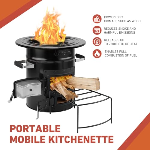 Skyflame Wood Burning Rocket Stove, Portable Camping Stove, Black | Outdoor Cooking, Backpacking, RV and Survival, Essentials Camping Gear