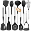 Large Silicone Cooking Utensils Set, 10Pcs Nonstick Kitchen Utensil Set with Stainless Steel Handle, BPA Free Spatula Set with Turners Spoon Ladle Skimmer(Black/Silver) - color: Black/Silver