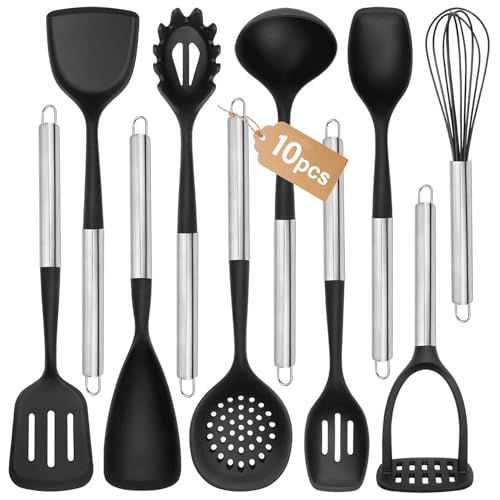 Large Silicone Cooking Utensils Set, 10Pcs Nonstick Kitchen Utensil Set with Stainless Steel Handle, BPA Free Spatula Set with Turners Spoon Ladle Skimmer(Black/Silver) - color: Black/Silver