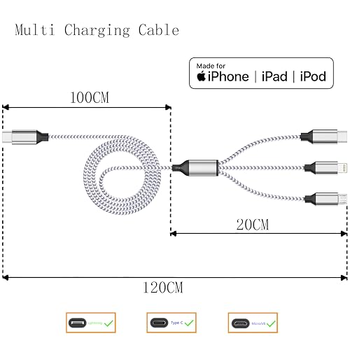 Multi Charging Cable 4ft 3Pack 3 in 1 Charger Cord, Multiple Usb C Cable | Nylon Braided Cable USB Charging Cable Multi Phone Charger Cord with Type C Micro Lightning for Apple iPhone17-5 Cell Phones - color: White/Silver-4ft