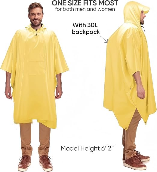 Extra Thick Waterproof Hooded Rain Poncho for Adults Lightweight Raincoat Jacket with Pocket for Hiking Camping Emergency - color: Yellow