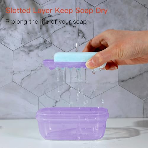 Quatish Leakproof Soap Dish with Lid & Draining Layer, Shatterproof Travel Bar Soap Holder Case Container, Portable Travel Size Toiletries Essentials for Camping, Gym, Bathroom, Clear Purple - color: Clearpurple, size: Medium