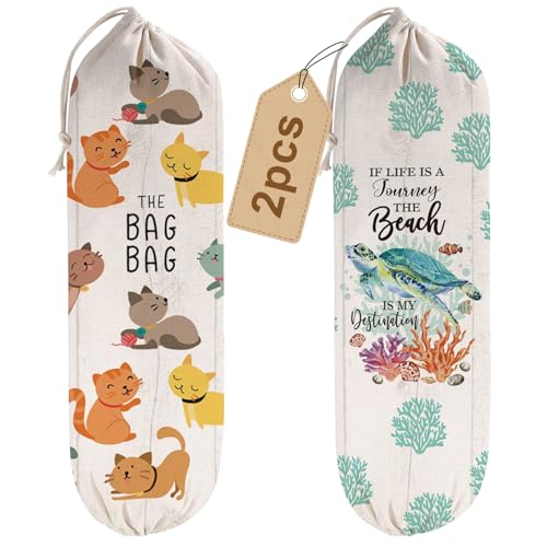 2Pcs Cat Plastic Bag Holder for Kitchen Essentials, Reusable Hanging Grocery Bag Organizer, Washable Large Grocery Trash Bags Storage Dispenser - style: Cat