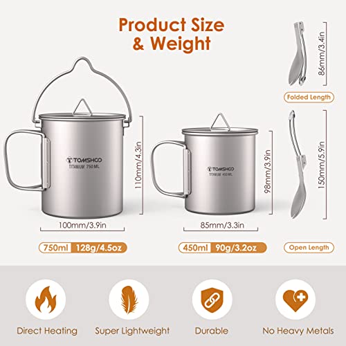 TOMSHOO 750ml Titanium Pot with Lid + 450ml Titanium Mug + Folding Spork | Camping Coffee Cup with Foldable Handle, Backpacking Cup for Hiking Travelling Camping Open Fire - size: 750 mL Pot + 450 mL Cup + Spork