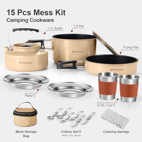 Odoland 15pcs Camping Cookware Mess Kit, Lightweight Pot Pan Kettle Set | Anodized aluminum, for hiking, outdoor cooking and picnic, 1.9L pot 0.8L kettle 0.86L pan mess kit, little compact pot set - style: Khaki