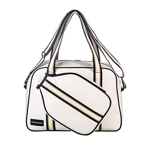 PU Leather Women Sports Shoulder Gym Bag Pickleball Duffle Bag Pickleball Tote Bag with Front Pocket for 2 Paddles, Inner Storage Pockets, Mesh Water Bottle Holder and Adjustable Shoulder Strap - color: White