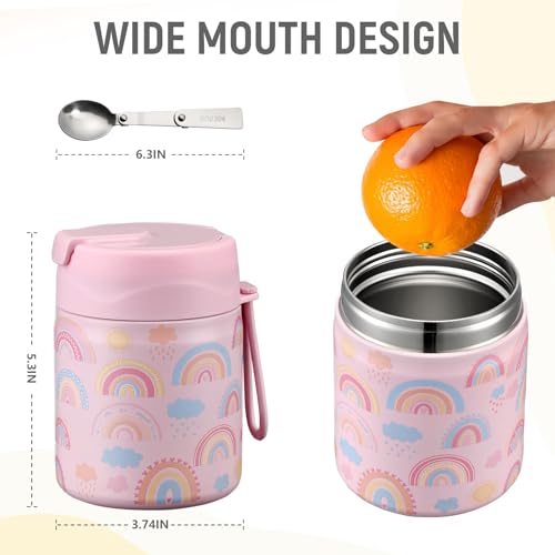 Pawtong 17oz Soup Thermo for Hot Food Kids Insulated Vacuum Food Jar with Stainless Steel Spoon Wide Mouth Thermo Leakproof Lunch Food Container Kids Hot Lunch Box (Pink-Rainbow) - color: Pink-Rainbow