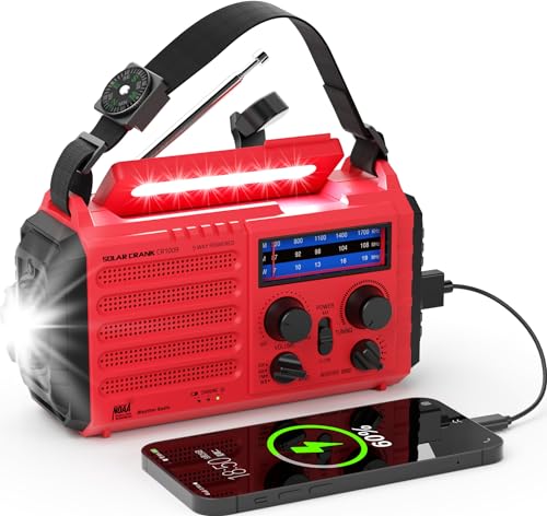 Emergency Solar Hand Crank Radio, AM/FM/SW NOAA Weather Alert Radio, Flashlight, Reading Lamp, SOS Alarm for Survival Home Outdoor Hurricane - color: Red