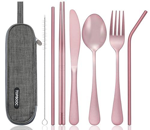 Portable Stainless Steel Flatware Set, Travel Camping Cutlery Set, Portable Utensil Travel Silverware Dinnerware Set with a Waterproof Case (Pink) - color: Pink