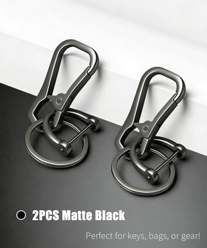 Metal Key Chain Carabiner Clip with Key Ring and D Ring | Heavy duty build, full accessory packs, quick release, multi purpose hook, belt loop holder, separate home and car fob sets - color: 2 Pcs Black