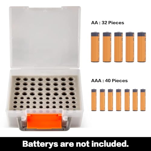 FULLCASE Battery Organizer Storage Case with Tester for AA AAA Batteries | 34 AA/30 AAA Plastic Holder, Test Power, Loose Battery Control, Home Drawer, Toolbox, Camping, Black, No Batteies（Clear) - color: Clear