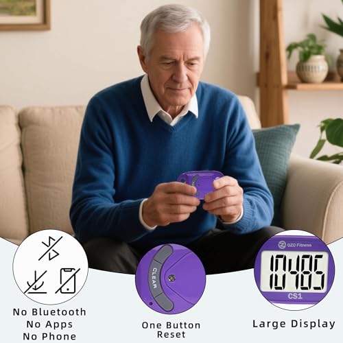 Clip-on 3D Pedometer for Walking Steps Counter with Lanyard, Simple Exercise Tracker for Women and Seniors with Large Accurate Digital Display, Portable Minimalist Sports Monitor - color: Purple