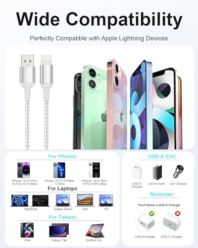 2ft USB to Lightning Cable 2Pack MFi Certified, iPhone Charger Cord | For Car & CarPlay, Durable Braided 2 ft iPhone Charging Cable for iPhone 14 13 12 11 Pro Max, iPad, Power Bank - size: 2 FT