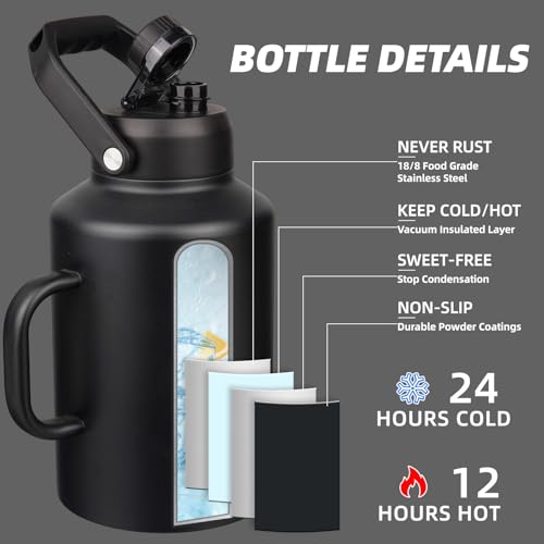 BJPKPK 128oz Stainless Steel Water Bottle, 1 Gallon Insulated Water Jug - color: Black, style: 128oz-Side Handle