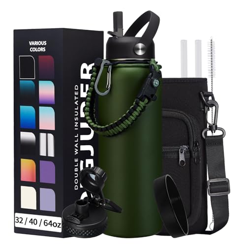 40OZ Water Bottle Stainless Steel - Cold-48H & Hot-24H Vacuum Insulated Water Bottle with Straw & Chug Lid, Strap Carrying Pouch, Paracord Handle & Flask Boot, Thermo Hydro Bottle for Hiking Cycling - color: Army Green, size: 40 Ounces