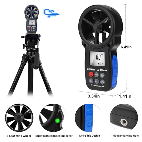 Anemometer Bluetooth 65MPH, AIOMEST HVAC Air Flow Wind Meter CFM AI-100APP | Data Logging, Handheld Wind Speed Gauge Measuring Air Velocity & Temp, BFT Scale, Anemometro for Airflow Balance, Drone, Golf - color: AI-100APP Bluetooth Anemometer