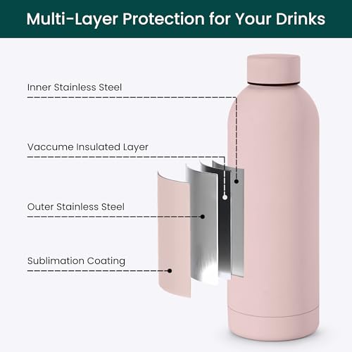 NOBL Stainless Steel Water Bottle 17 Oz Vacuum Insulated, Leak Proof, Blush | Double Wall Insulation Keeps Drinks Cold 24 Hrs & Hot 12 Hrs, Sealed 500 Ml Bottle Fits NOBL Carry-On Cup Holder - color: Blush