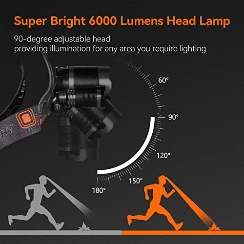 LED Headlamp Rechargeable, 6000 Lumens Super Bright Head Lamp, USB Rechargeable Headlight Flashlight with 3 LED Lights, 4 Modes, Zoomable, 90° Adjustable, Hiking, Hunting, Running, Fishing - color: Black