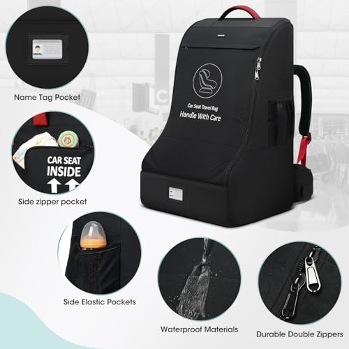 RAINSMORE Padded Car Seat Travel Bag for Airplane Car Seat Backpack, Black - color: Black